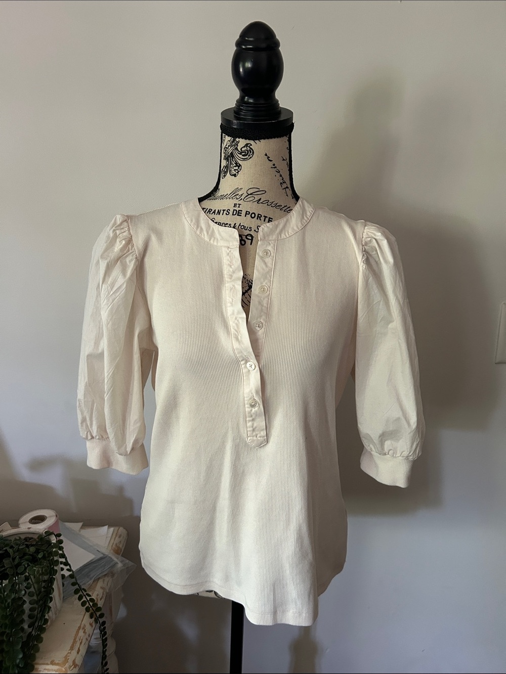 Elie Tahari Off White Puff Sleeve Top Women's size L